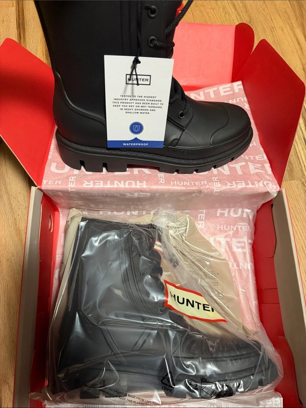 Hunter Big Kids Black Lace-Up Combat Rain Boots Size 5 Brand New